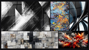 Mosaico de cinco cuadros, entre ellos Puntos de Convergencia, Explosión de colores y Espiral metálico cromado