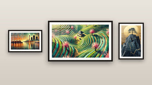 Pared de galería con tres cuadros enmarcados: Japonés N°10, Paisaje Japonés N°1 y Guardián Nocturno