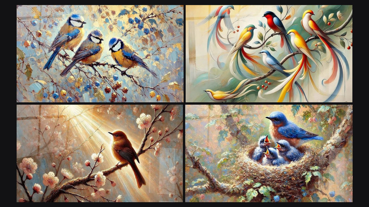 Mosaik aus vier Gemälden, darunter Herbstflüstern, Morgenlicht und Vogelerwachen