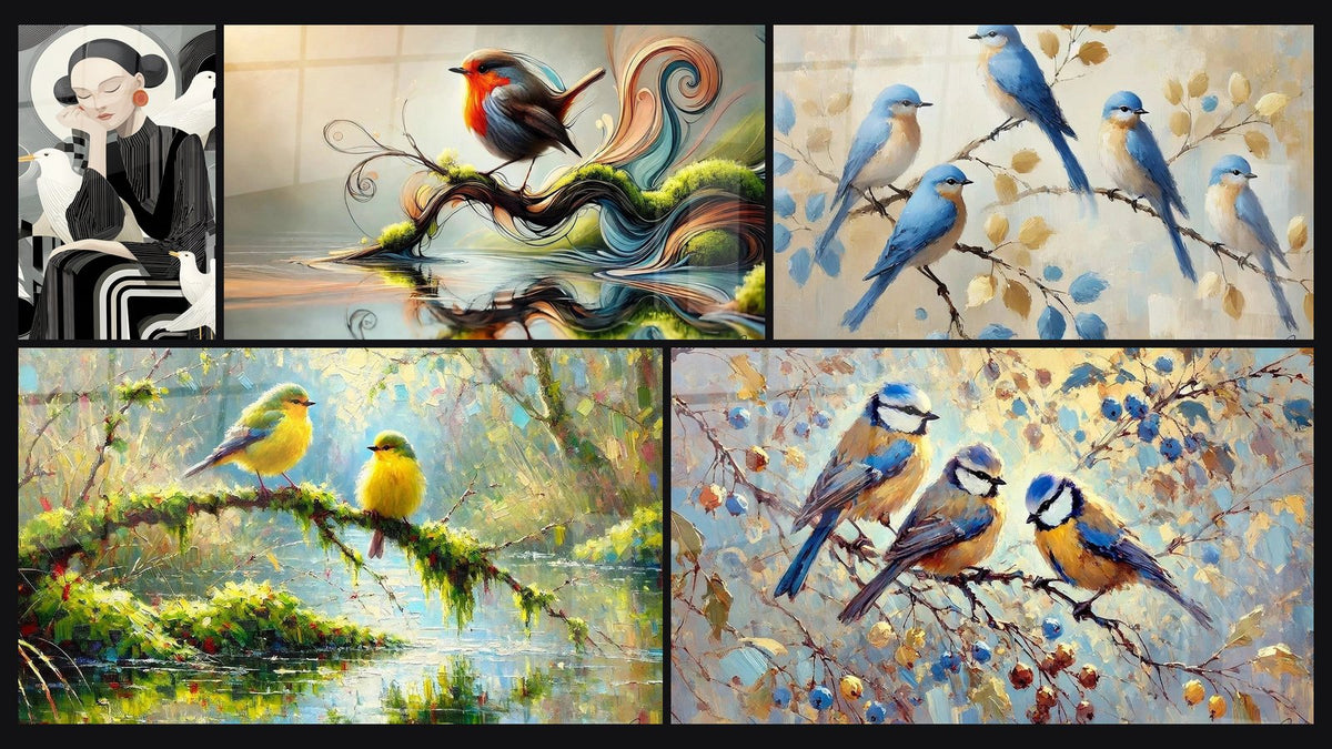 Mosaïque de cinq tableaux, dont Femme aux Oiseaux Blancs, Chuchotements du Vent et Chant du Matin