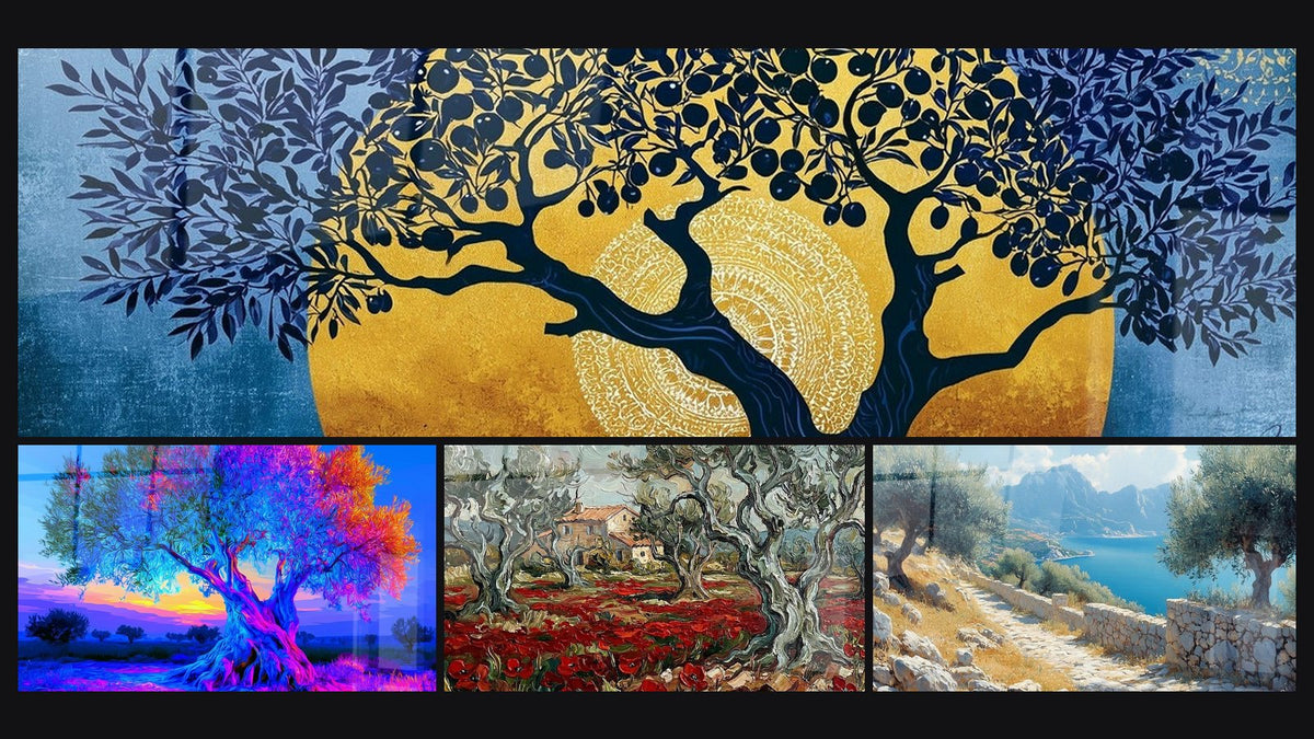 Mosaik aus vier Gemälden, darunter Mohnfeld und Olivenbäume und Olivenbaumpfad
