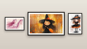 Galerijwand met drie ingelijste schilderijen, waaronder Heksenbord nr. 1