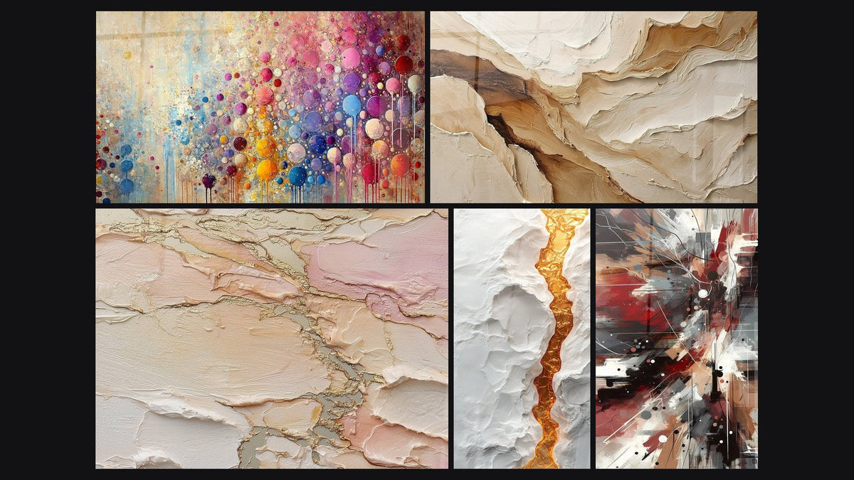 Mosaico de cinco cuadros, entre ellos Mosaico de Esferas, Abstracto texturizado beige rosa dorado y Abstracto Beige y Tierra