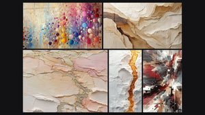 Mozaïek van vijf schilderijen, waaronder Mozaïektafel van Bollen, Abstract Beige en Aardekleur en Explosief Dynamisch Geluid