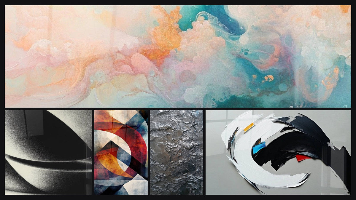 Mosaic of five paintings, including Cumulus Floating Pink, Abstract Sphere and Circular geometric shapes