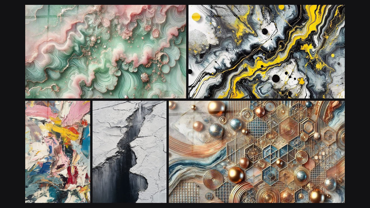 Mosaic of five paintings, including Emerald Mist, Black Impact and Color Explosion