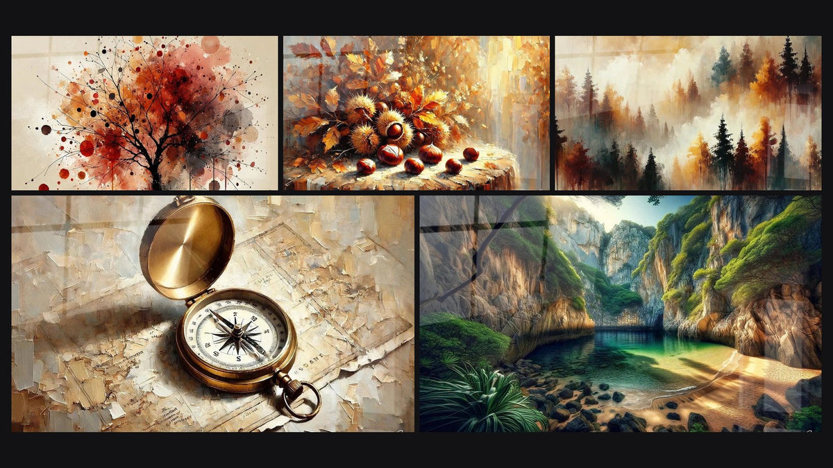 Mosaico di cinque quadri, tra cui Foresta Astratta, Frutti di Stagione e Natura a Colori