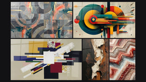Mozaïek van vijf schilderijen, waaronder Geometrische Compositie Creatieve Spanning en Geometrisch Fusie