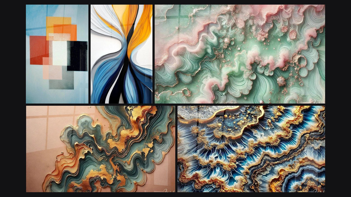 Mosaik aus fünf Gemälden, darunter Geometrische Formen Funktionaler Kontrast und Dynamische farbige Fluss-Leinwand