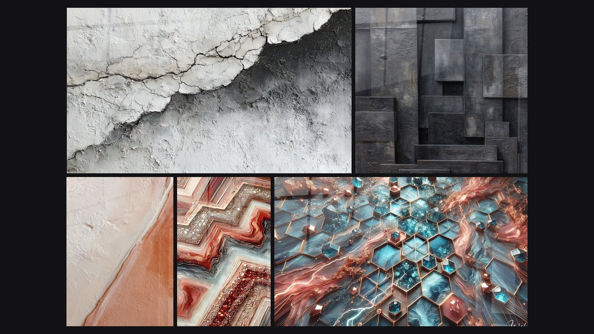 Mosaïque de cinq tableaux, dont Texture Murale Fissurée Blanc et Gris et Diagonale texturée blanc cassé et brique