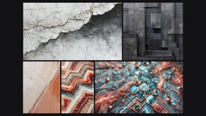 Mosaico de cinco cuadros, entre ellos Textura Mural Agrietada Blanco y Gris, Fusión Geométrica y Redes de Resplandor