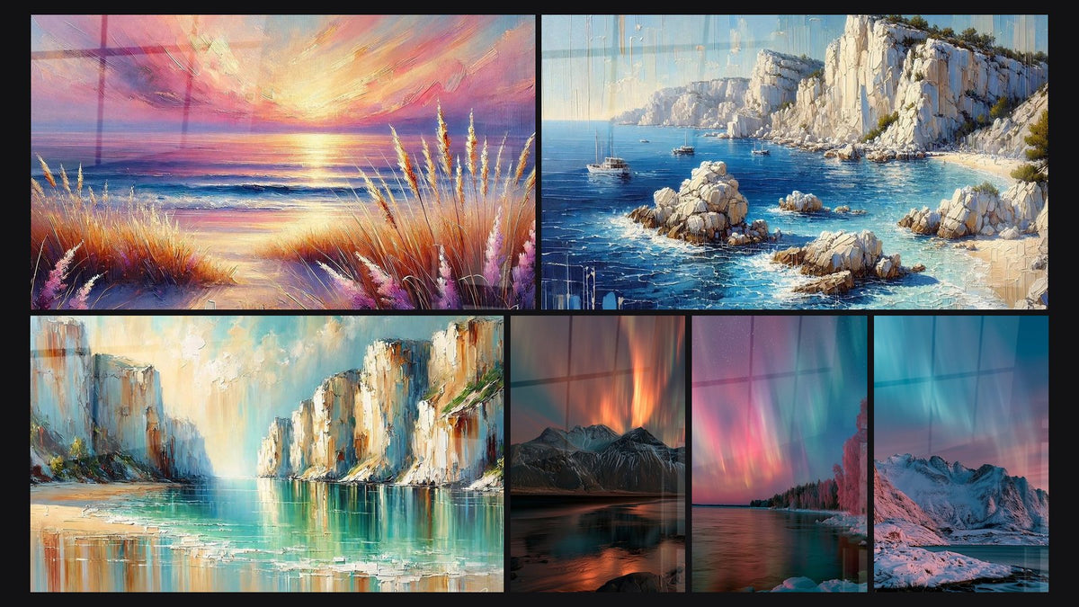 Mosaïque de six tableaux, dont Beauté du Soir, Plage des Rêves et Rêverie Côtière