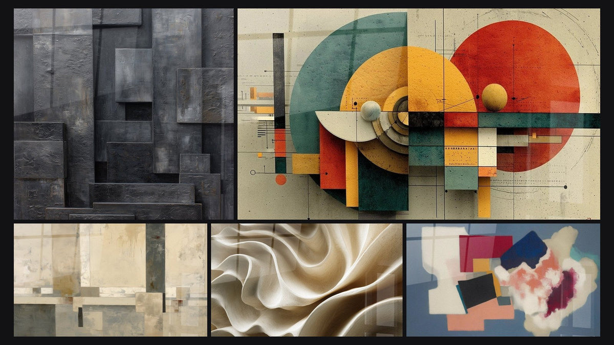 Mosaico de cinco cuadros, entre ellos Composición geométrica beige y gris y Geométrico Revolución Circular
