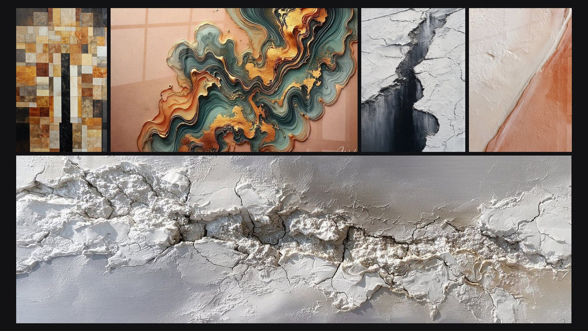 Mosaico de cinco cuadros, entre ellos Ola de Cobre y Grieta Glaciar Gris y Negro