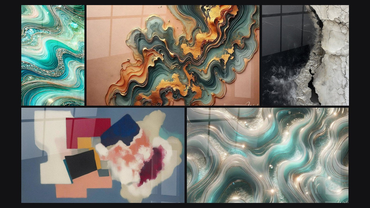 Mosaico de cinco cuadros, entre ellos Olas Cristalinas, Formas geométricas poesía cuadrada y Ondas Centelleantes