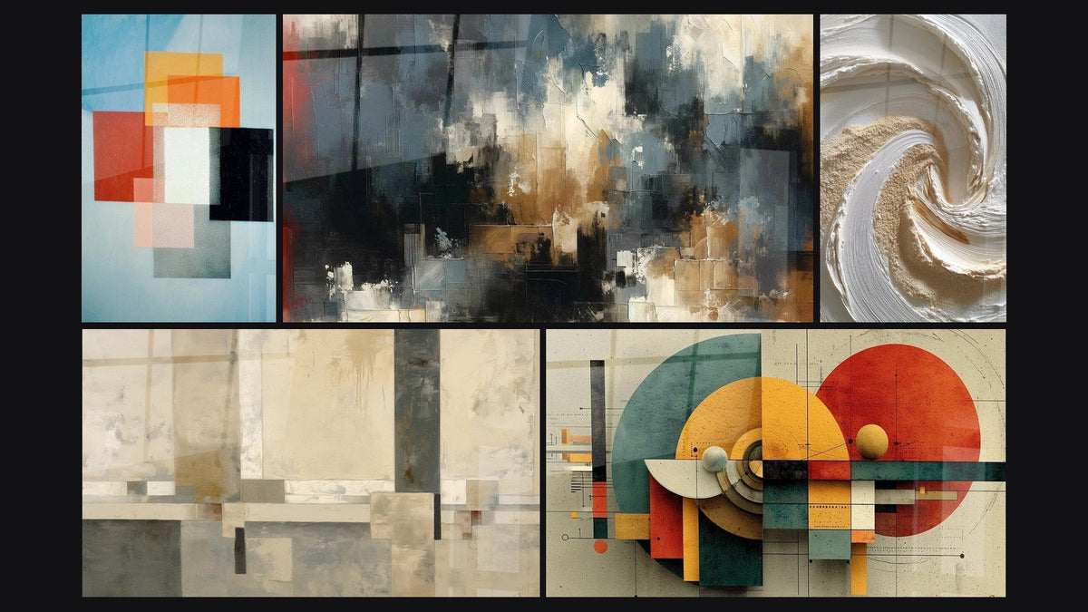 Mosaico de cinco cuadros, entre ellos Formas Geométricas Contraste Funcional y Caos Organizado
