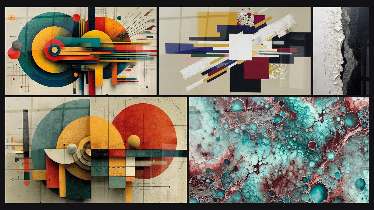 Mosaïque de cinq tableaux, dont Géométrique Énergie Concentrique et Géométrique Révolution Circulaire