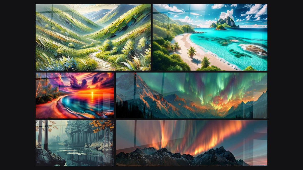Mosaïque de six tableaux, dont Poésie Alpine, Sérénité des Eaux Cristallines et Crépuscule Flamboyant en Bord de Mer
