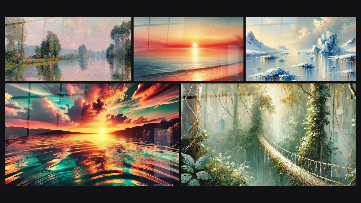 Mosaïque de cinq tableaux, dont Paysage rivière impressionniste, Murmures du Soleil et Silence de l’Océan
