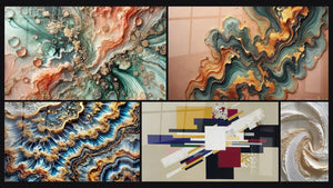 Mosaico de cinco cuadros, entre ellos Sueño Coralino, Marea Dorada y Composición Geométrica Tensión Creativa