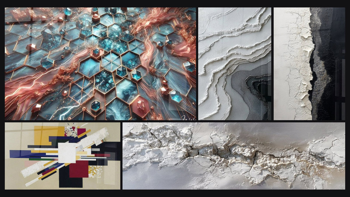 Mosaico de cinco cuadros, entre ellos Redes de Resplandor y Composición Geométrica Tensión Creativa
