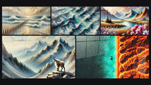 Mosaico de cinco cuadros, entre ellos Marea de Oro, Murmullos Abisales y Primavera Eterna