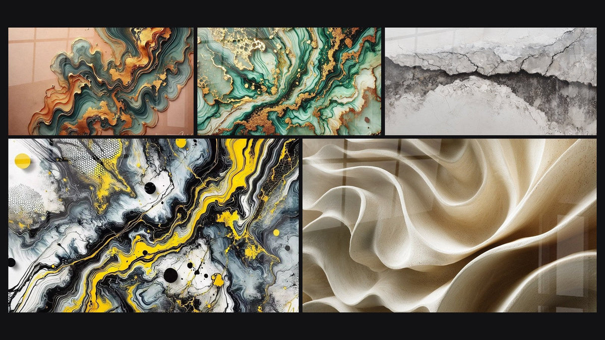 Mosaico di cinque quadri, tra cui Onda Ramata, Venature Mistiche e Impatto Nero