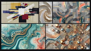 Mozaïek van vijf schilderijen, waaronder Geometrische Compositie Creatieve Spanning en Aquarelgetijtafel