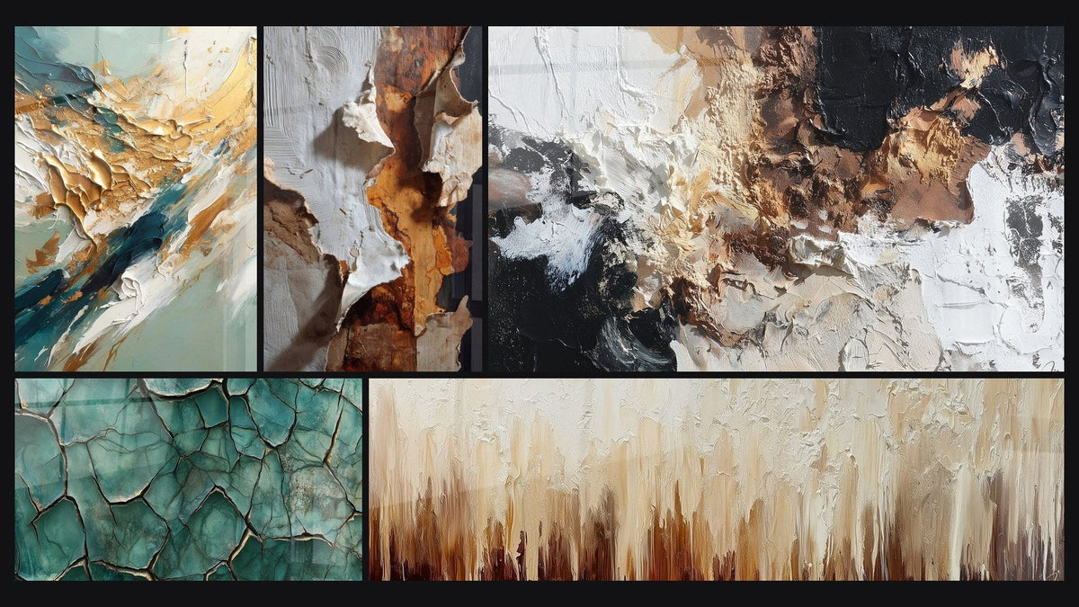 Mosaico de cinco cuadros, entre ellos Flujo y Retroceso Dorado, Tierra Fracturada y Abstracto texturizado blanco negro bronce