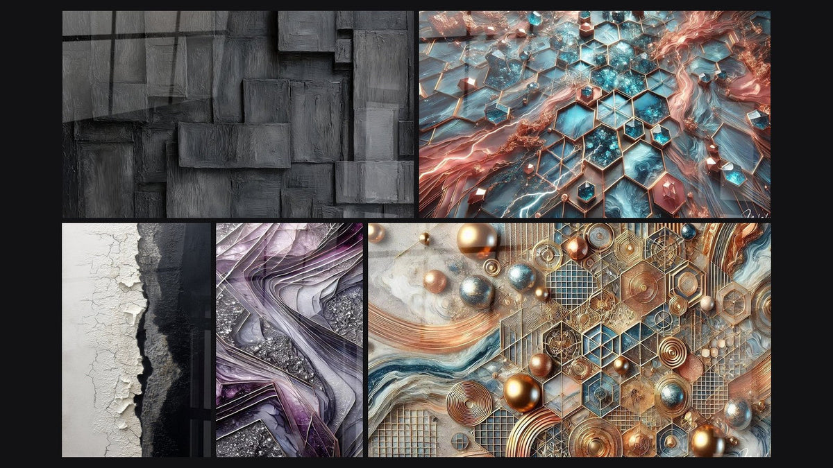 Mosaic of five paintings, including Crackled Texture Wall Art Black and White, Quartz Blades and Networks of Brilliance