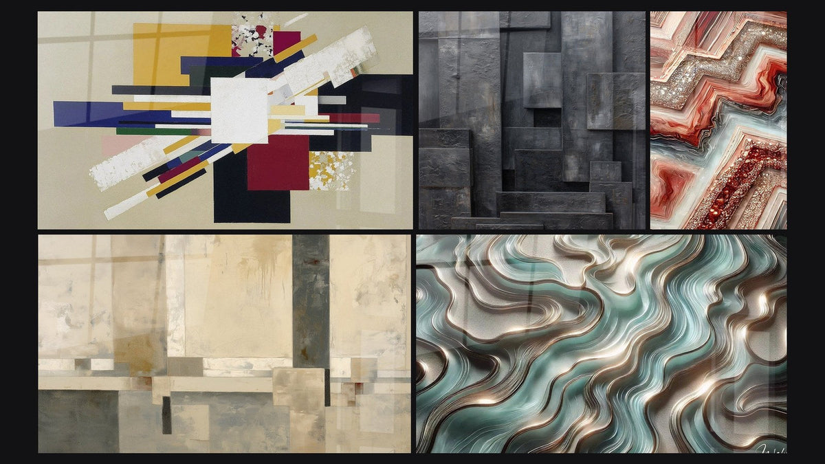 Mosaico di cinque quadri, tra cui Composizione Geometrica Tensione Creativa e Fusione Geometrica