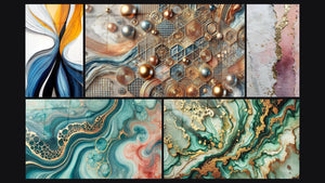 Mosaico de cinco cuadros, entre ellos Flujo dinámico colorido, Marea de Acuarela y Mosaico de Cobre