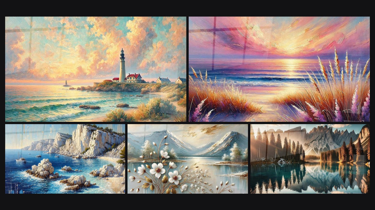 Mosaico de cinco cuadros, entre ellos Amanecer en el Faro, Belleza del Atardecer y Reverie Costera