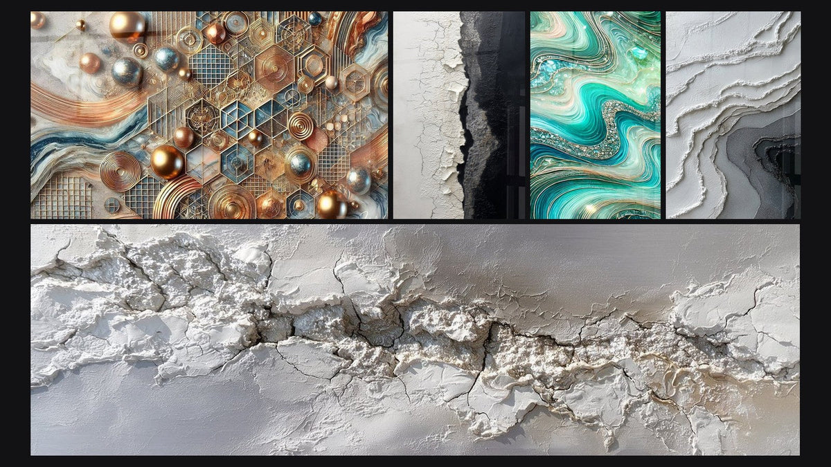 Mosaico de cinco cuadros, entre ellos Mosaico de Cobre, Textura Agrietada Blanco y Negro y Olas Cristalinas