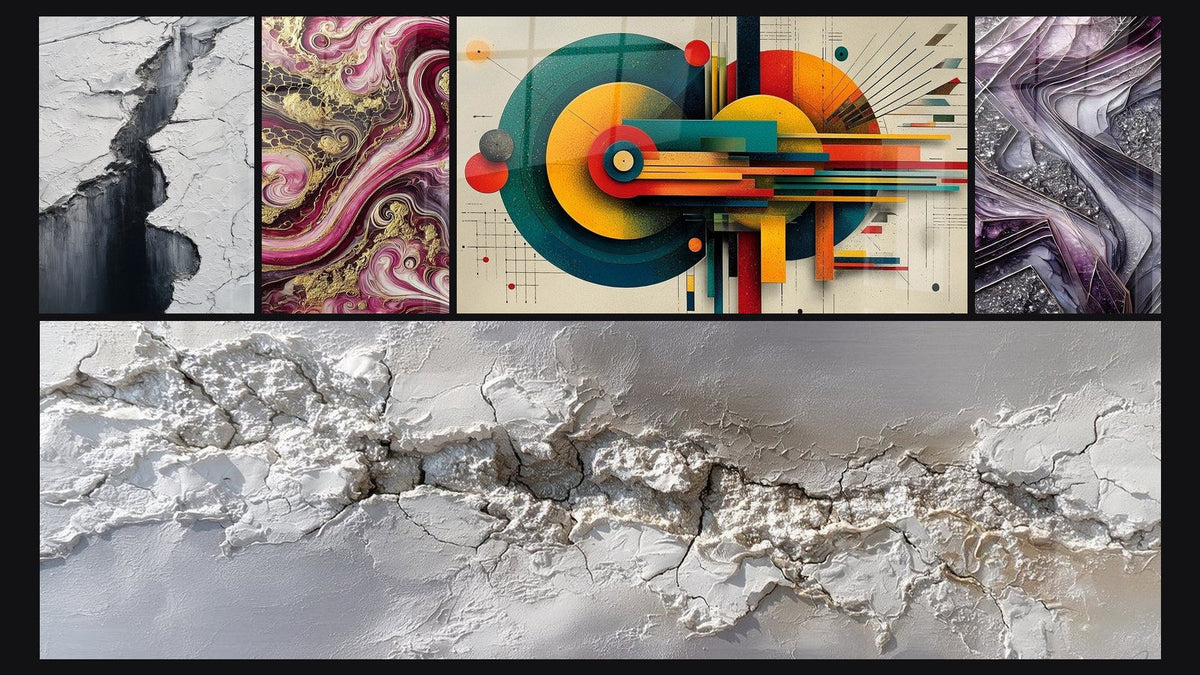 Mosaic of five paintings, including Glacier Crevasse Wall Art Grey and Black, Purple Flames and Geometric Concentric Energy