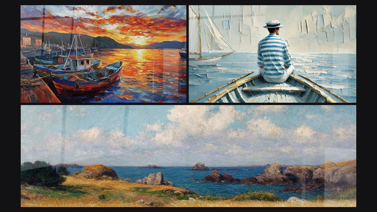 Mosaico de tres cuadros: Puerto N°3, El Arte del Agua y Paisaje costero