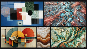 Mosaico de cinco cuadros, entre ellos Composición Geométrica Orden Racional y Redes de Resplandor