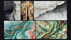 Mosaico de cinco cuadros, entre ellos Textura Mural Agrietada Blanco y Gris, Marea de Acuarela y Mármol Misterioso