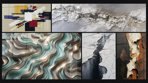 Mosaïque de cinq tableaux, dont Composition Géométrique Tension Créative, Courbes Éthérées et Crevasse Glaciaire Gris et Noir