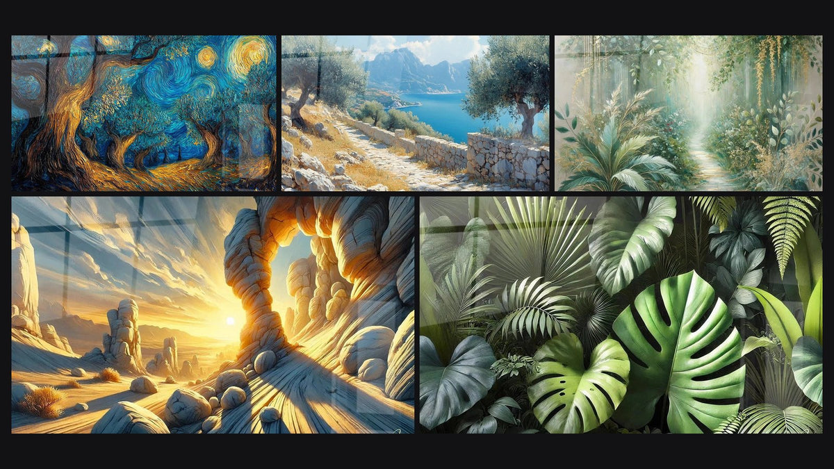 Mosaico di cinque quadri, tra cui Albero cosmico di, Sentiero d'Ulivo e Tavolozza di Sabbia