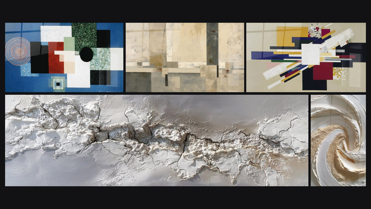 Mosaic of five paintings, including Beige and Gray Geometric Composition and Textured Relief Golden and White Spiral