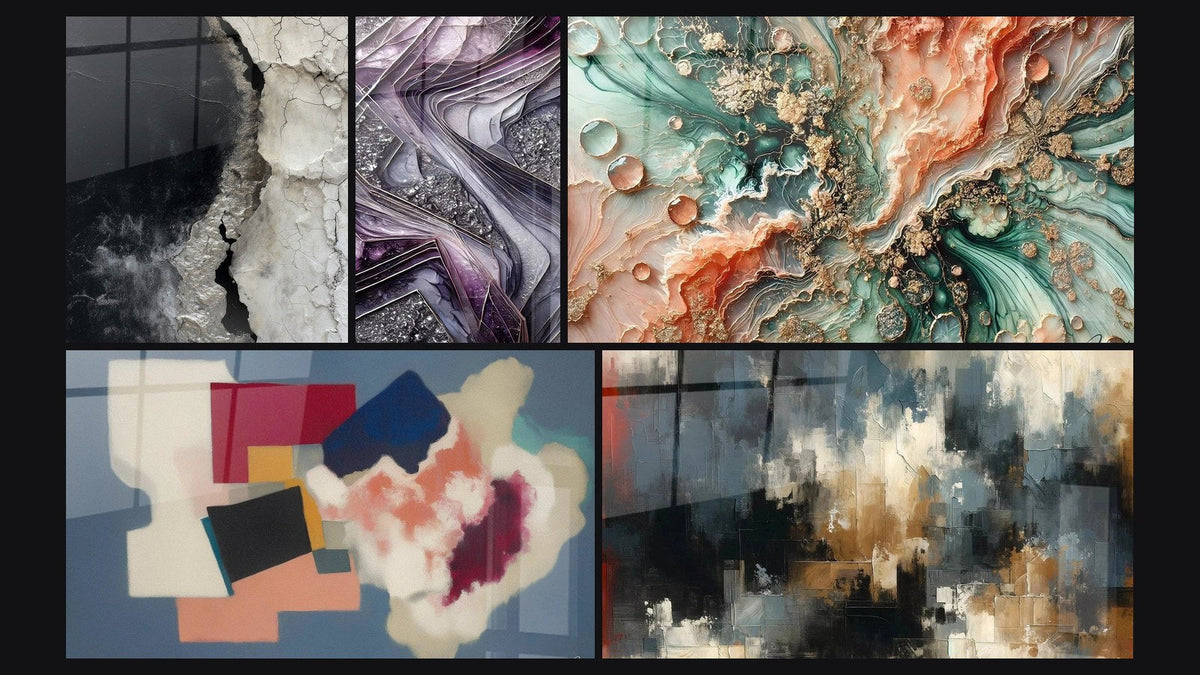 Mosaic of five paintings, including Abstract Black White Gray Cracked Textured and Quartz Blades