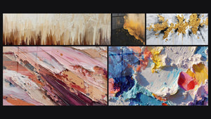Mosaico de cinco cuadros, entre ellos Abstracto en tonos rosas y tierra y Explosión dorada sobre fondo blanco y gris