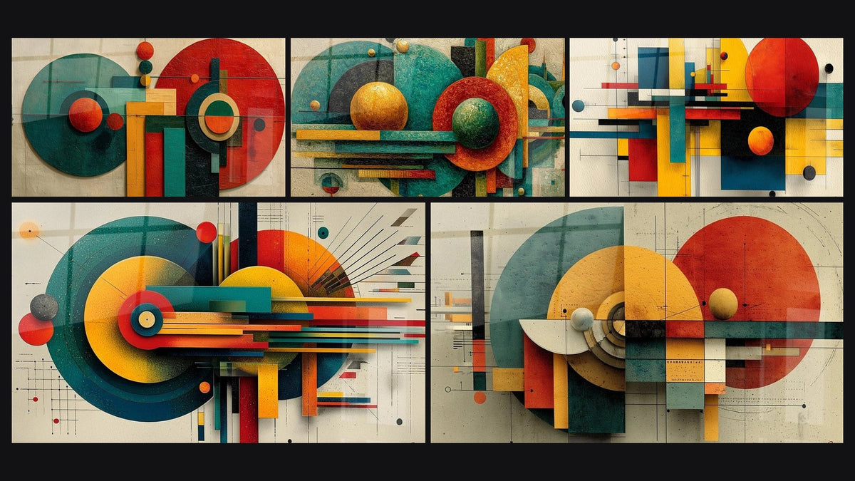 Mosaic of five paintings, including Geometric wall art Interlaced shapes and Geometric Poetic Mechanism