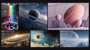 Mosaic of six paintings, including Light Cascade, Spiral Galaxy Cosmic and Black Hole Cosmic