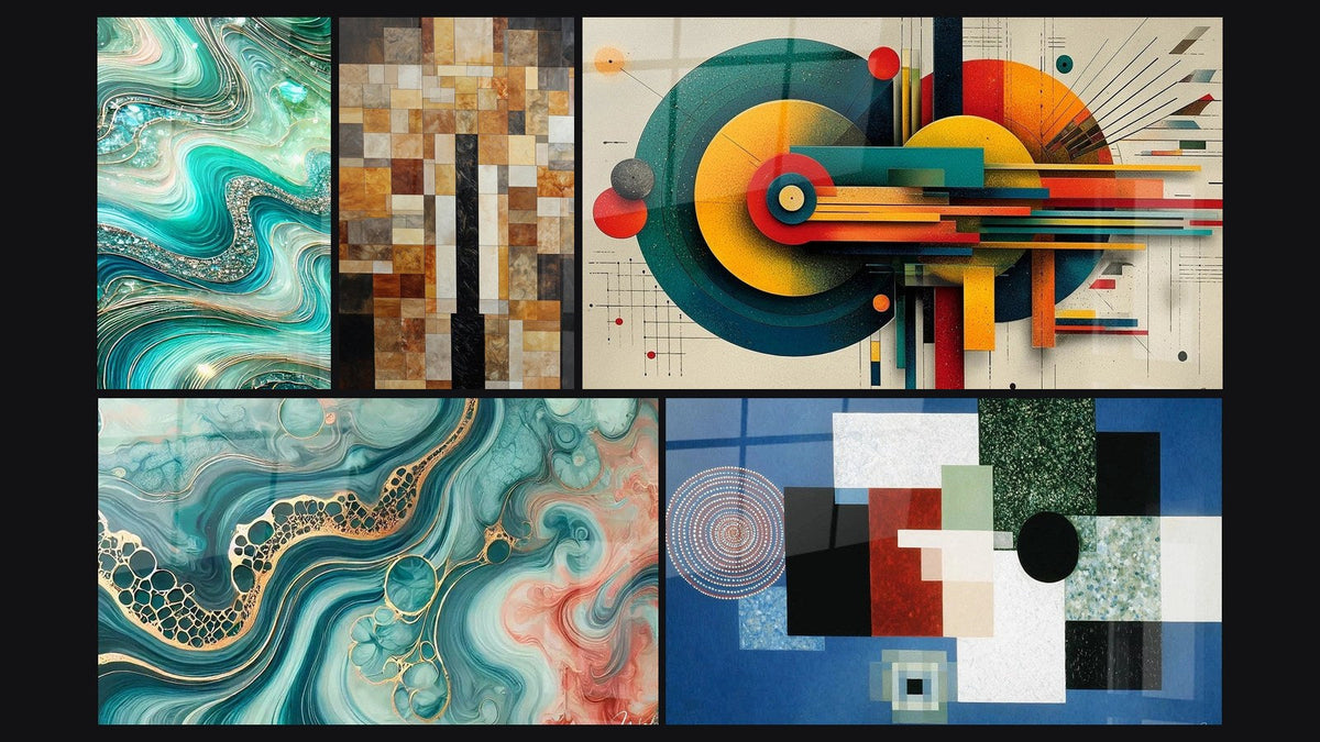Mosaïque de cinq tableaux, dont Vagues Cristallines, Marée d'Aquarelle et Composition Géométrique Ordre Rationnel