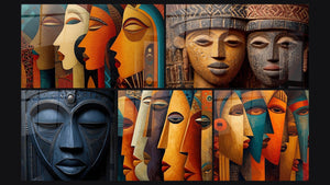 Mozaïek van vijf schilderijen, waaronder Afrikaanse Maskers, Masker Afrikaans Blauw en Afrikaanse Maskers Cubisme