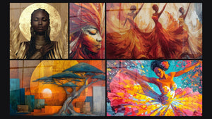 Mosaico de cinco cuadros, entre ellos Mujer Africana Dorada, Árbol Encuentro del turquesa y el ámbar y Rostro Curativo Tribal