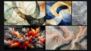 Mosaico de cinco cuadros, entre ellos Los Lazos Invisibles, Tormenta Solar Abisal y Flujos de Seda
