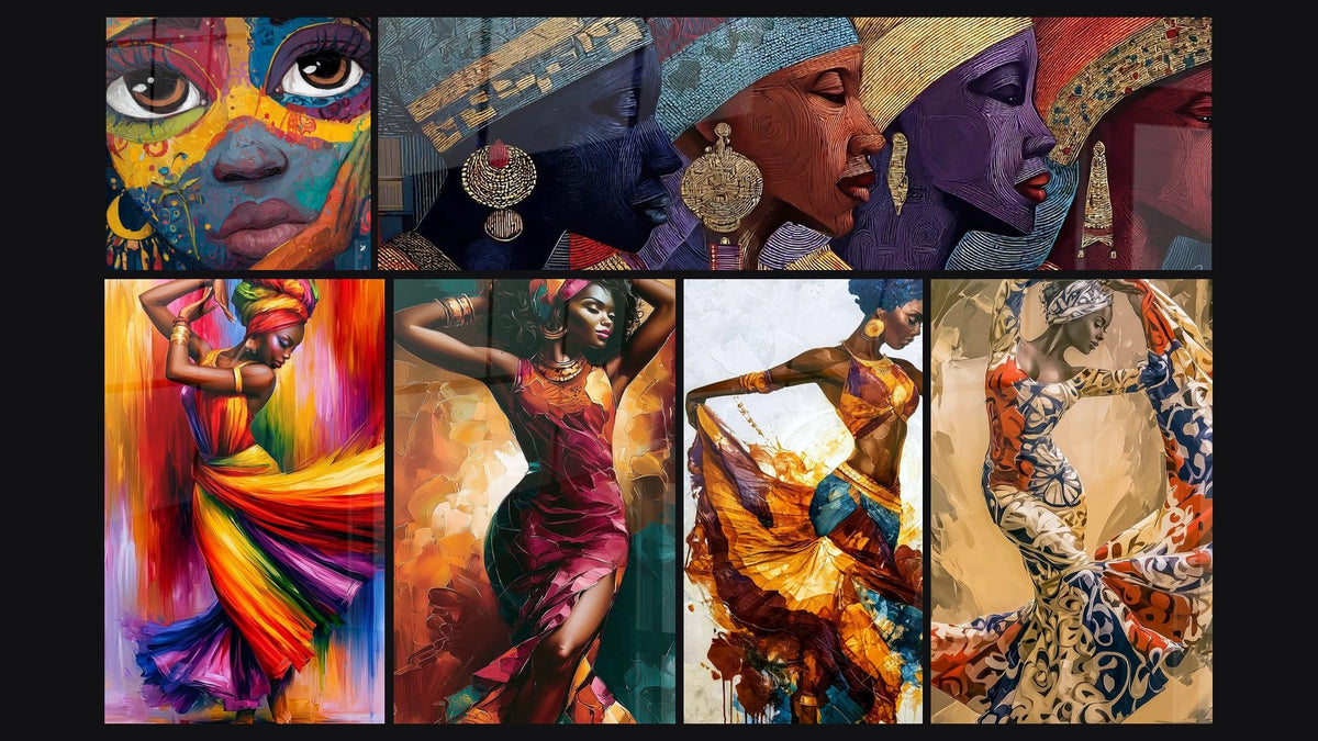 Mosaico di sei quadri, tra cui Di quattro donne africane decorate e Ballerina abito bordeaux e sfondo ocra
